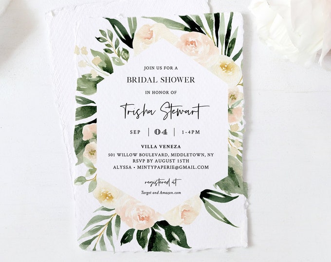 Boho Bridal Shower Invitation Template, Watercolor Cream & Peach Floral and Greenery, Spring Wedding Shower, 100% Editable Text #076-215BS