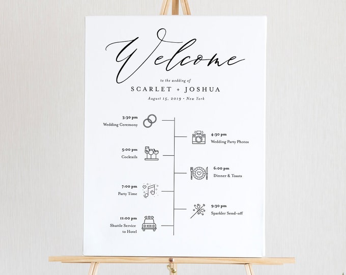 Welcome Sign Template, Printable Timeline with Wedding Day Icons, Instant Download, 100% Editable, Modern, Clean, Templett, DIY #052-141LS