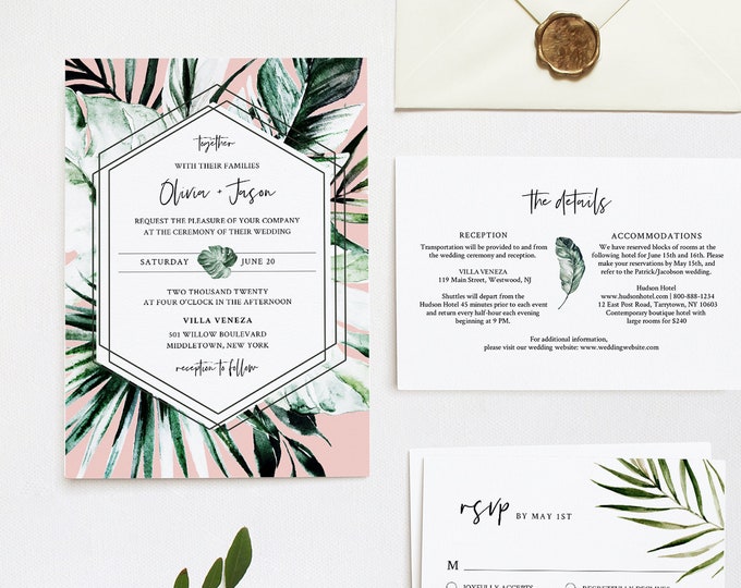 Tropical Wedding Invitation Suite, Editable Template, Beach Destination Wedding Invite, RSVP and Details, INSTANT DOWNLOAD, Templett #087D