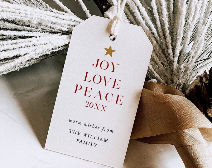 2021 Holiday Gift Tag Template, Printable Minimalist Favor Tag, Editable Christmas Tag, Peace, Love, Joy, Instant Download, Templett #189FT