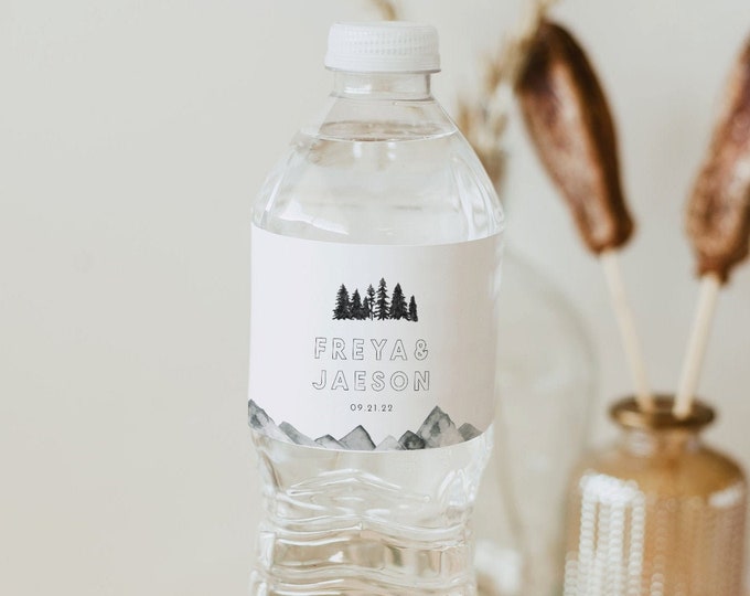 Water Bottle Label Template, Mountain Pine Wedding Water Wrapper, 100% Editable Text, Welcome Bag, Instant Download, Templett #0015-122BL