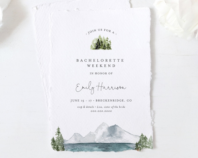 Lake Bachelorette Weekend Invitation & Itinerary, Mountain Retreat, Wilderness, Glamping, Resort, Editable Template, Templett #017A-138BP