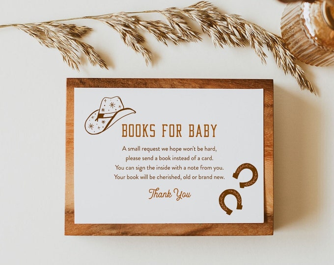 Western Books for Baby Card, Country Cowboy Book Request, Rodeo Baby Shower Invitation Book Insert, Editable Text, Templett #0040-163BFB