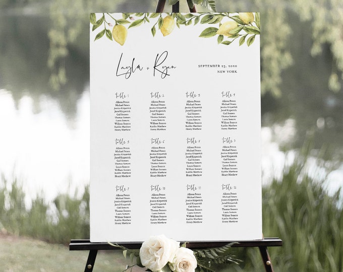 Lemon Seating Chart Poster, Printable Citrus Wedding Seating Sign, Instant Download, Editable Template, Templett, US & UK Sizes #089-258SC