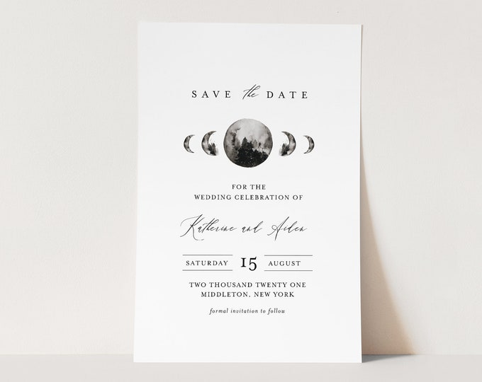 Celestial Save the Date Template, INSTANT DOWNLOAD, Printable Mountain Moon Wedding Date Card, Editable Text, Templett, 4x6 #0003-175SD