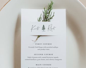 Pine Menu Card Template, Rustic Winter Wedding Menu, Printable DIY Menu, Unique Menu, 100% Editable, INSTANT DOWNLOAD, 3.5x8.5 #073-159WM