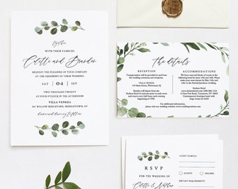 Greenery Wedding Invitation Set, Editable Templates, Modern Invite, RSVP and Details Card, Printable, INSTANT DOWNLOAD, Templett #082C