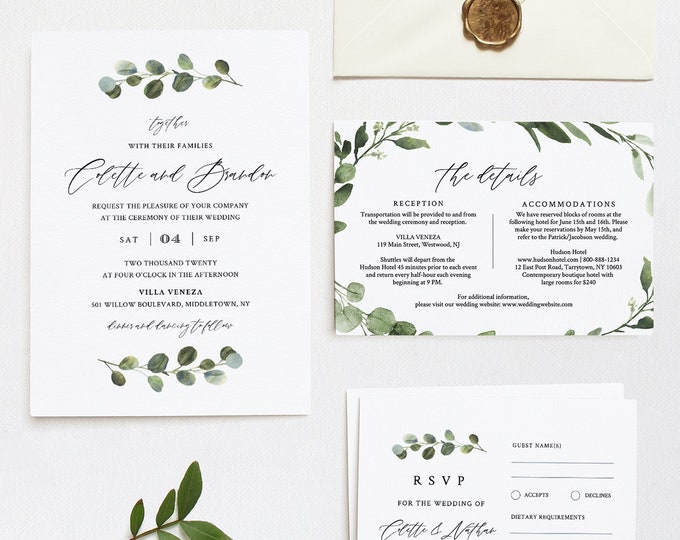 Greenery Wedding Invitation Set, Editable Templates, Modern Invite, RSVP and Details Card, Printable, INSTANT DOWNLOAD, Templett #082C