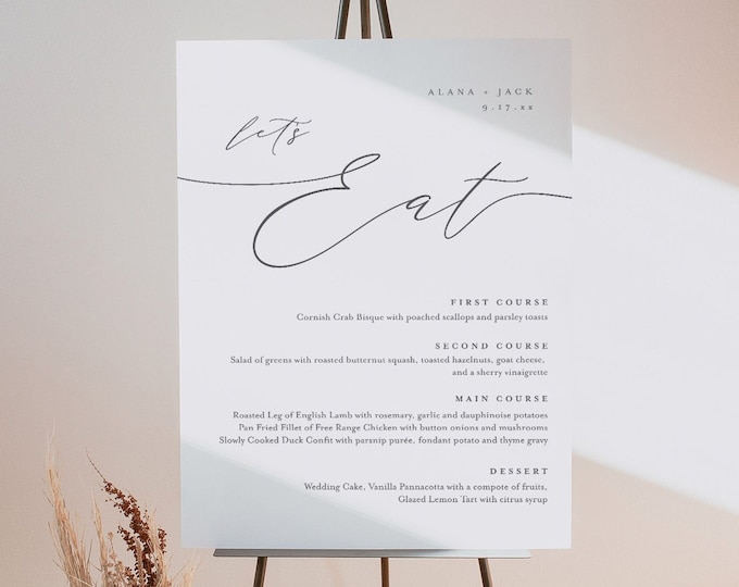 Dinner Menu Sign, Minimalist Wedding Menu Poster, Lets Eat, 100% Editable Template, Instant Download, Templett, 8x10, 18x24 #0006D-214WM