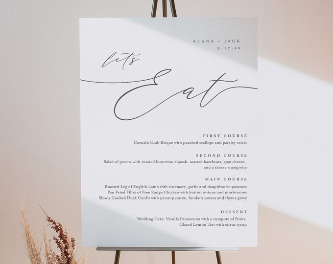 Dinner Menu Sign, Minimalist Wedding Menu Poster, Lets Eat, 100% Editable Template, Instant Download, Templett, 8x10, 18x24 #0006D-214WM