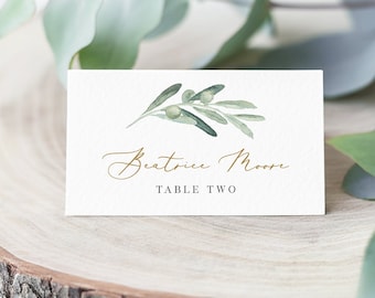 Olive & Gold Place Card Template, INSTANT DOWNLOAD, 100% Editable, Printable Wedding Buffet Card, Name Card, Templett, 3.5x2 #081-139PC