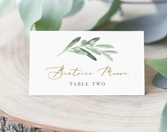 Olive & Gold Place Card Template, INSTANT DOWNLOAD, 100% Editable, Printable Wedding Escort Card, Name Card, Templett, 3.5x2 #081-139PC