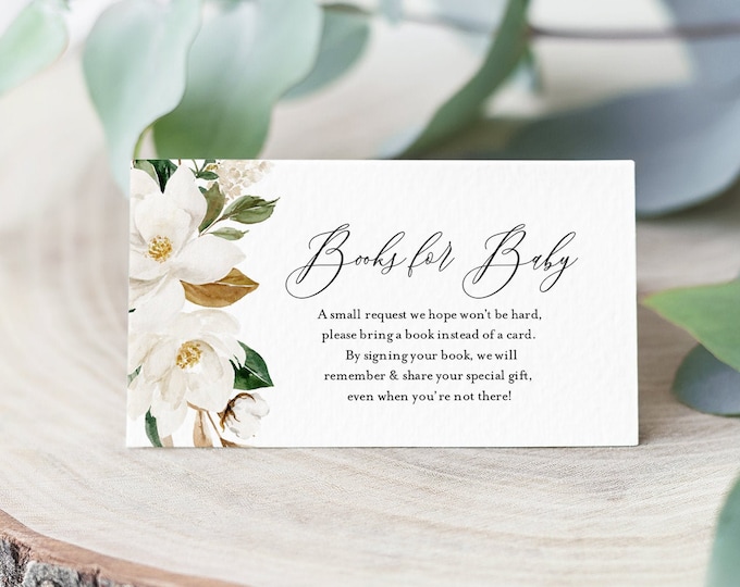 Magnolia Books for Baby Card, Book Request, Baby Shower Invitation Book Insert, 100% Editable Text, INSTANT DOWNLOAD, Templett #015-111BFB