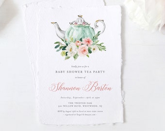 Tea Party Baby Shower Invitation Template, 100% Editable Text, Printable Teapot Baby Shower Invite, Templett, Instant Download #085-147BA