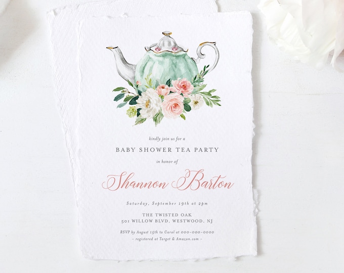 Tea Party Baby Shower Invitation Template, 100% Editable Text, Printable Teapot Baby Shower Invite, Templett, Instant Download #085-147BA