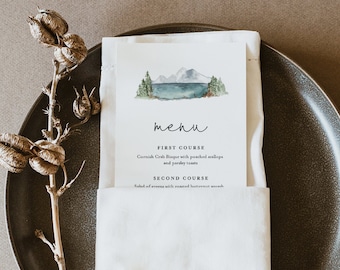 Lake Menu Template, Woodland Mountain Pine, Printable Wedding Dinner Menu Card, 100% Editable Text, INSTANT DOWNLOAD, Templett #017A-167WM