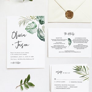 Tropical Wedding Invitation Suite, Editable Template, Minimalist Beach Wedding Invite, RSVP and Details, INSTANT DOWNLOAD, Templett #087C