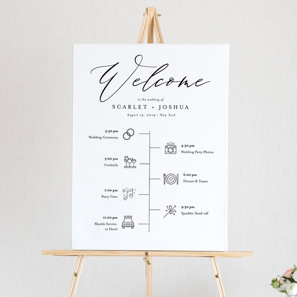 Welcome Sign Template, Printable Timeline with Wedding Day Icons, Instant Download, 100% Editable, Modern, Clean, Templett, DIY #052-141LS