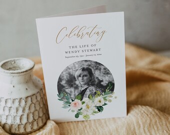 Floral Funeral Program Template, Printable Order of Service, Obituary, 100% Editable, Folded Card, Instant Download, Templett #043-107FP