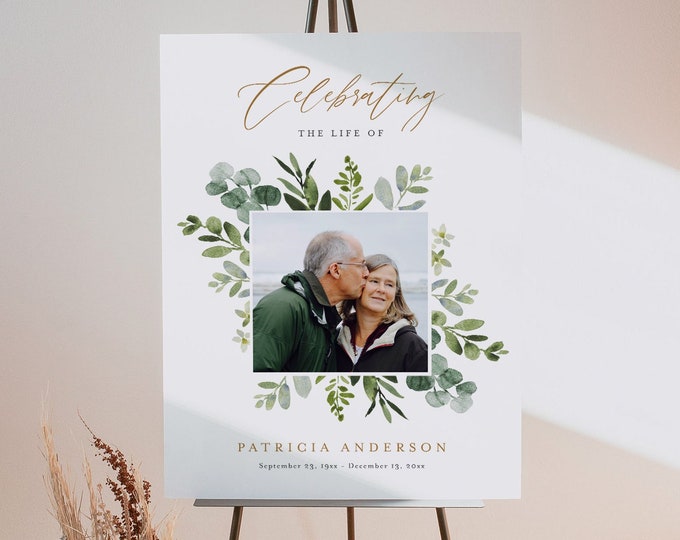 Funeral Memorial Sign, Greenery Funeral Welcome Poster, Loving Memory, 100% Editable Template, Instant Download, Templett #082-266LS