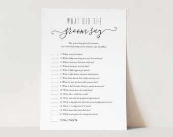 What Did the Groom Say Bridal Shower Game, Bridal Quiz, Printable Wedding Shower Game, Couples Shower, Instant Download, Templett #030-108BG