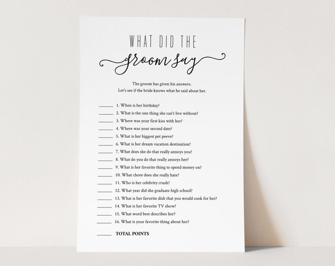 What Did the Groom Say Bridal Shower Game, Bridal Quiz, Printable Wedding Shower Game, Couples Shower, Instant Download, Templett #030-108BG