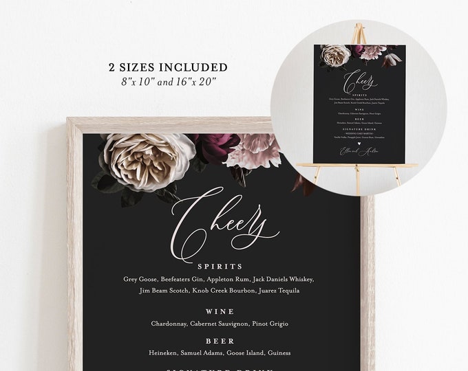 Bar Menu Sign Template, 100% Editable Text, Moody Floral, Printable, DIY Signature Drinks Menu, INSTANT DOWNLOAD, 8x10 & 16x20 #009-101WBM