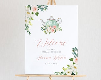 Tea Party Welcome Sign Template, Printable Bridal Tea Shower Welcome Poster, 100% Editable Text, Instant Download, Templett, DIY #085-154LS