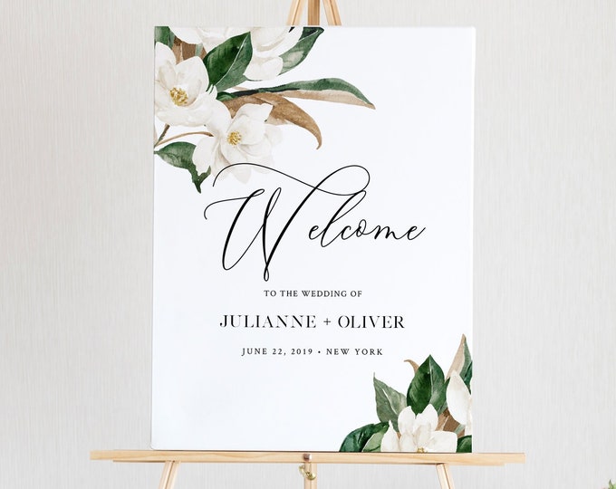 Magnolia Welcome Sign Template, Wedding or Bridal Shower Welcome Sign Poster, Instant Download, 100% Editable Text, Templett #015-150LS