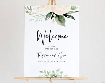 Greenery Welcome Sign Template, Boho Wedding Poster, Bridal Shower Welcome, 100% Editable Text, Instant Download, Templett, DIY #076-148LS