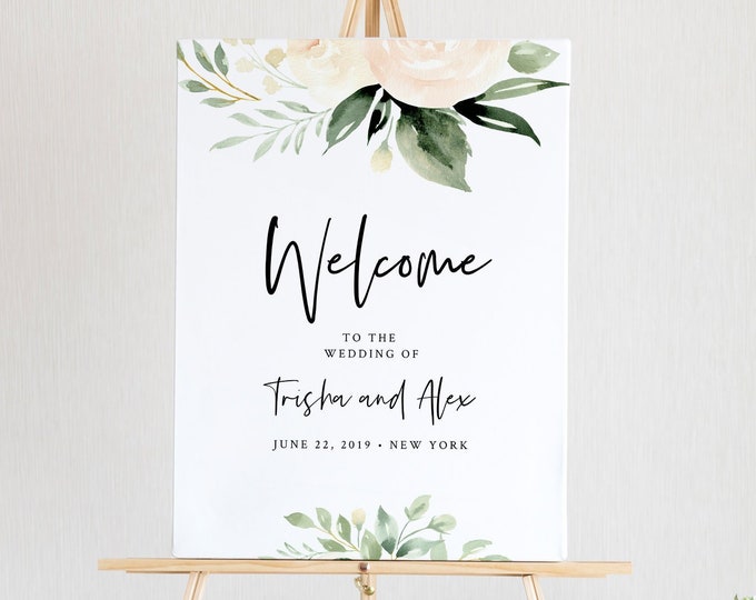 Greenery Welcome Sign Template, Boho Wedding Poster, Bridal Shower Welcome, 100% Editable Text, Instant Download, Templett, DIY #076-148LS