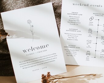 Dandelion Welcome Letter & Timeline Template, Minimalist Wedding Order of Events, Itinerary, INSTANT DOWNLOAD, Editable Text #0006A-151WB