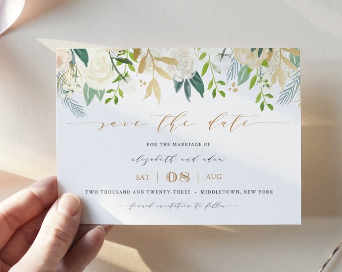 Save the Date Printable, Wedding Date Template, INSTANT DOWNLOAD, Neutral Florals & Greenery, Boho, 100% Editable, Templett #021-110SD
