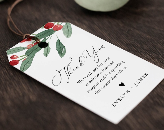Holly Favor Tag Template, Winter Wedding Thank You Tag, Bridal Shower Tag, Welcome Bag, INSTANT DOWNLOAD, Editable Text, Templett #071-147FT