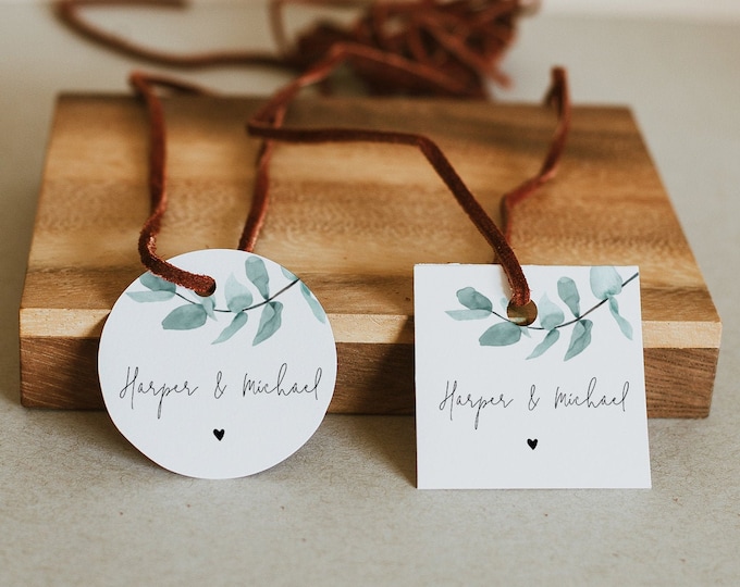 Eucalyptus Favor Tag Template, Greenery Wedding or Bridal Shower Thank You Tag or Label, Editable, Square or Circle Tag, Templett #049-137SF