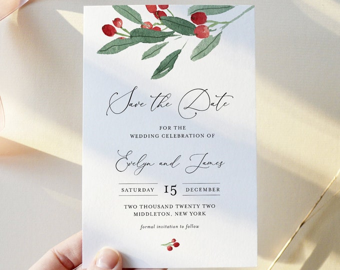 Holly Save the Date Template, 100% Editable Text, Winter Wedding Date, Christmas Wedding, Templett, Instant Download #071-183SD