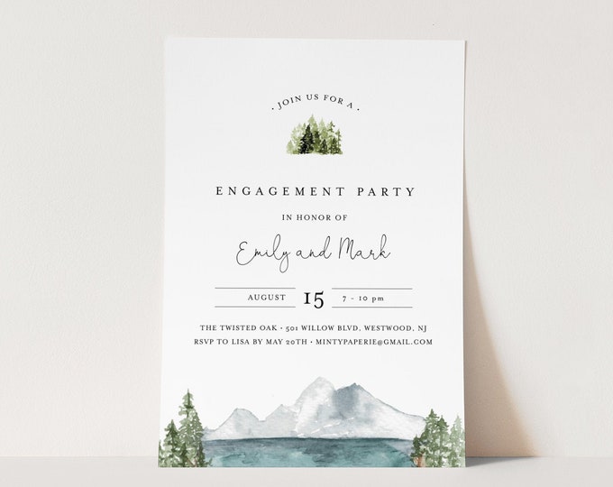 Lakeside Engagement Party Invitation, Woodland Pine, Lake Engagement Invite Template, INSTANT DOWNLOAD, 100% Editable Text #017A-135EP