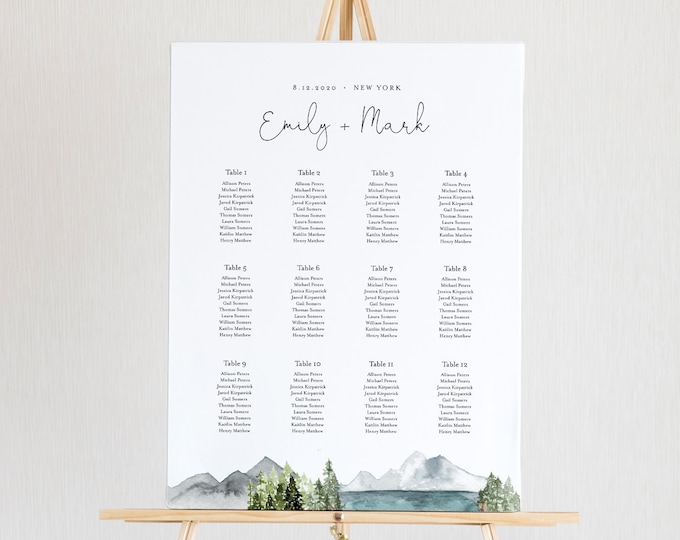 Lake Seating Chart Poster, Printable Wedding Seating Sign, Instant Download, Editable Template, Templett, US & UK Sizes #017A-257SC