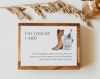 Boots and Bubbly Enclosure Card, Champagne Western Bridal Shower Insert, Editable Details & Info, Instant Download, Templett #0026F-205EC