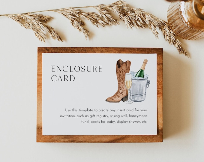 Boots and Bubbly Enclosure Card, Champagne Western Bridal Shower Insert, Editable Details & Info, Instant Download, Templett #0026F-205EC