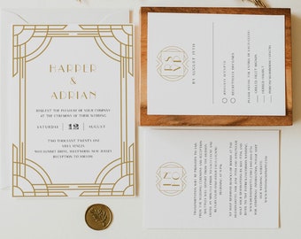 Art Deco Wedding Invitation, Printable Retro Black and Gold Wedding Invite, Minimal, Editable Template, Instant Download, Templett #0021A
