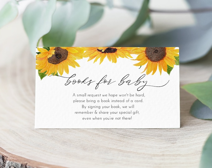 Sunflower Books for Baby Card, Book Request, Baby Shower Invitation Book Insert, 100% Editable Text, INSTANT DOWNLOAD, Templett #0010-110BFB