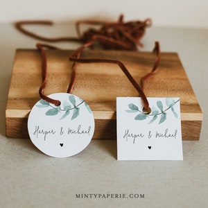 Eucalyptus Favor Tag Template, Greenery Wedding or Bridal Shower Thank You Tag or Label, Editable, Square or Circle Tag, Templett #049-137SF