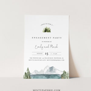 May include: A white invitation card with green watercolor illustrations of trees and mountains. The text reads "Join us for a... Engagement Party in honor of Emily and Mark. August 15, 7-10 pm. The Twisted Oak - 501 Willow Blvd, Westwood, NJ. RSVP to Lisa by May 20th - Mintypaperie@gmail.com. Mintypaperie.com"