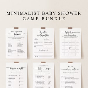 May include: A set of six printable baby shower game cards with black text on a white background. The games include "What's on Your Phone", "Baby Advice and Predictions", "Baby Bingo", "The Price is Right", "Celebrity Baby Names", and "Baby Odds or Evens".
