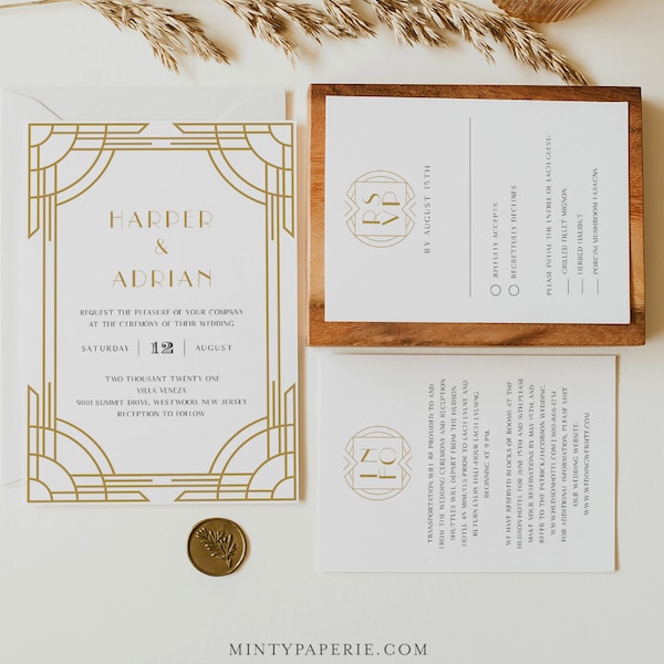 Art-Deco-Hochzeitseinladung, druckbare Retro-Hochzeit einladen, bearbeitbare bearbeitbare Vorlage, Sofort Download, Templett #0021A