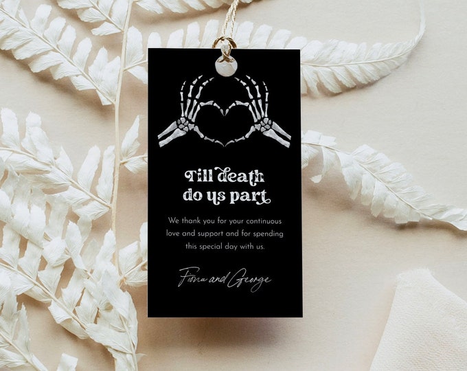 Gothic Wedding Favor Tag, Bridal Shower Tag, Death Do Us Part, Skeleton, Editable Thank You Tag, Instant Download, Templett #0045-236FT