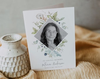 Greenery Funeral Program Template, Printable Order of Service, Obituary, 100% Editable, Folded Card, Instant Download, Templett #011-105FP