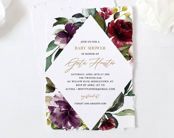 Winter Baby Shower Invitation Template, Purple Floral & Greenery, Burgundy Boho, 100% Editable Text, Instant Download, Templett #006-108BA
