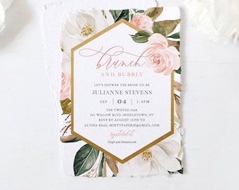 Bridal Shower Invitation Template, Brunch and Bubbly, Printable Bridal Brunch, Magnolia Florals, Editable Text, INSTANT DOWNLOAD #015-235BS